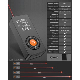Xbanma 196ft Rechargeable Laser Measuring Tool, IP54 Waterproof, ±2mm(±1/16 inch) Accuracy, Laser Distance Measure with Pythagorean Mode, Measuring Distance, Area, Volume