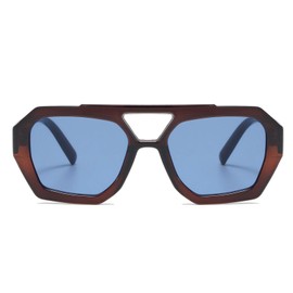 LJCZKA Retro Sunglasses Aviator Glasses Women Men Square Double Bridge Classic 70s Flat Sunglasses with UV400 Protection, Brown blue