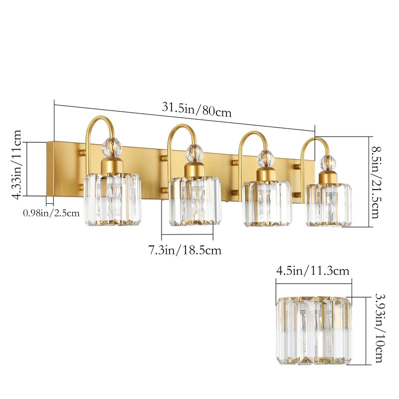 Ralbay Gold Vanity Lights 4-Lights Gold Crystal Bathroom Vanity Lights