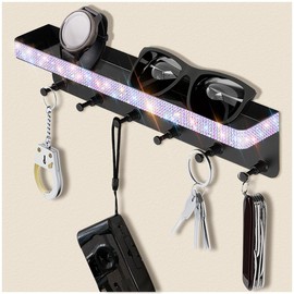 GUFONKOD Bling Decorative Wall Mounted Mail Organizer and Key Holder with Glitter Rhinestones Tray,6 Stainless Steel Key Hooks for Hallway Kitchen Farmhouse Decor (Black)