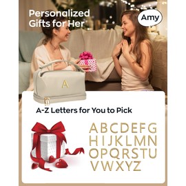 Vogewood Gifts for Women, Initial Makeup Bag, Waterproof Double Layer Cosmetic Bag, Large Capacity PU Leather Makeup Bags Letter Travel Toiletry Bag with Makeup Brush Organizer