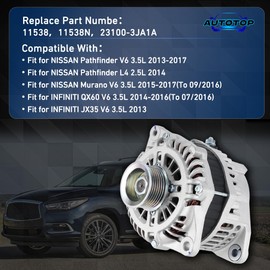 Alternator 150 A 12 V FIT Nissan Pathfinder V6 3.5 L (2013-2017) / L4 2.5 L (2014), Murano V6 3.5 L (2015-2017), Infiniti QX60 & JX35 V6 3.5 L (2013-2016) – Replace 11538 / 11538N / 23100-3JA1A