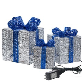Sunnyglade 7.5”-5.9”-4.7” Set of 3 Christmas Lighted Gift Boxes with Plug for Christmas Decor, Weddings Yard Home Holiday Art Decorations (Silver)