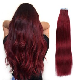 SUYYA Tape in Hair Extensions Human Hair Wine Red 20 inches 20pcs 50 Grams Per Pack Burgundy Straight Tape in Real Hair Extensions 99j(20 inches,#Burgundy)