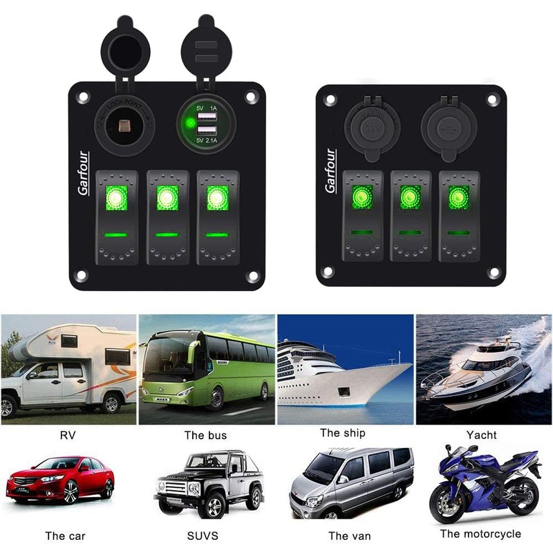 Garfour Green 3 Gang Boat Switch Panel DC 12V/24V with