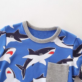 Azalquat Toddler Boys Crewneck Sweatshirt, Cotton Long-Sleeve Pullover Cartoon Print (Blue & Sharks, 3-4T)