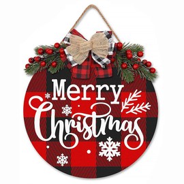 Merry Christmas Sign Wooden Hanging Sign Wreath Christmas Decor Wood Round Yard Sign Christmas Door Hanger Decor for Porch Home Indoor Outdoor (A)