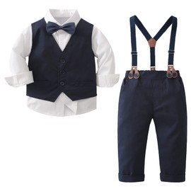 amokk Baby Boy Formal Wear Suits for 1st Birthday Bow Tie and Suspenders Christening Outfit Clothing Set for Party (Navy, 3-4 T)
