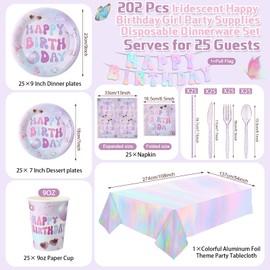 Sawysine 202 Pcs Iridescent Happy Birthday Party Supplies Disposable Dinnerware Set 50 Plates 25 Cups 25 Napkins 25 Plastic Forks 25 Knives 25 Spoons 25 Straw Flag Tablecloth to Serve 25 Guests