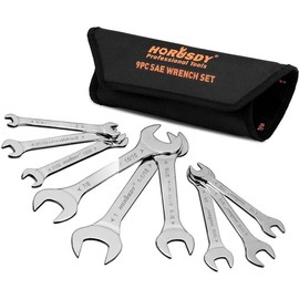 Thin Open End Wrench Set |  Wrench Set with Rolling Pouch | 19- SAE & Metric | CR-V Steel | 1/4" to 1-1/16" & 5.5mm to 27mm for Mechanics - Color: SAE 9PCS