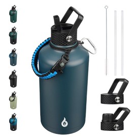 BJPKPK 2/3 Gallon Water Bottle with Straw Lid, 50oz, 64oz, 87oz, 128oz Large, Stainless Steel Water Bottles with 3 Lids and Paracord Handle, Double Wall Vacuum Metal Jug, Navy Blue