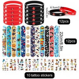 TZQFROCE Pirate Decoration Pirate Decoration Children's Birthday 34 Pieces Pirate Snap Bracelet Pirate Tattoo Sticker Pirate Birthday Decoration Pirate Party Bag for Children's Birthday Gifts