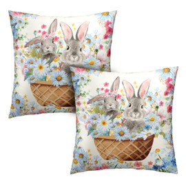 Kwlegh Easter Bunny Pillow Covers 18x18 Spring Rabbit Daisy Floral Throw Pillow Covers A Basket Filled with Lovely Bunny and Flowers Pillowcase Cushion Case for Sofa Patio Garden 2 Pack