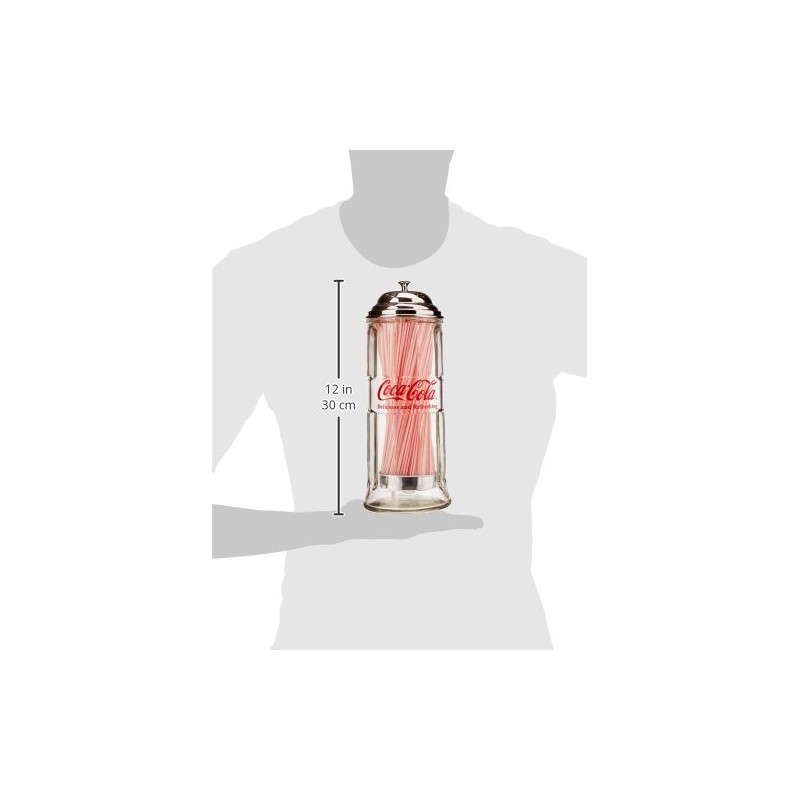 Tablecraft CC322 Coca-Cola Glass Straw Dispenser with Metal Lid, Small