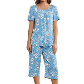 Husmeu Pyjamas for Women en Cotton Ladies Pyjamas Set Floral Printing Short Sleeve Two Piece Sleepwear Loungewear with Pockets Blue XL