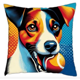 The Beach Stop Pop Art Jack Russell Dog Accent Cushion Cover | Home Decor Gift Idea for Men Women Boys Girls & Pets | 45x45cm 18x18” | Jack Russell with Ball