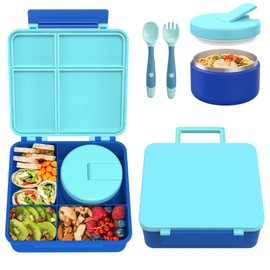 Pawtong Bento Lunch Box with 8oz Soup Thermo, Kids Leakproof Lunch Food Containers with 4 Compartment, Kids Thermo Insulated Hot Food Jar for School, Trvael -Blue