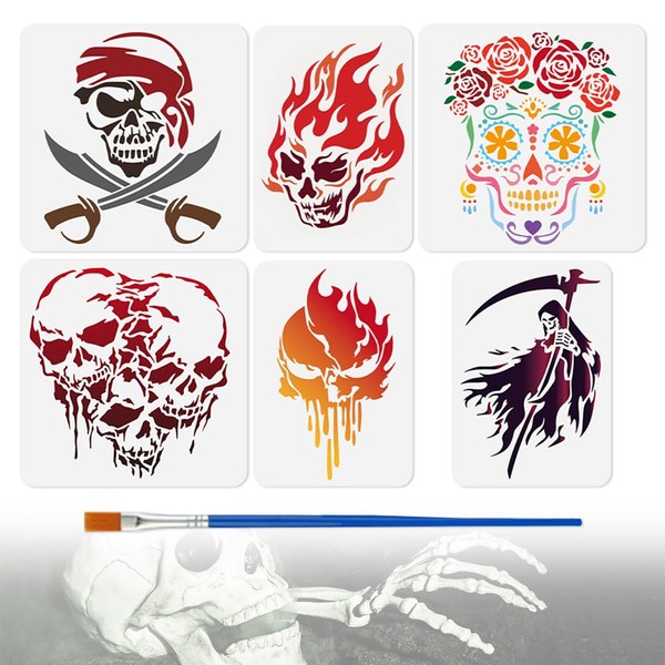 DOODLREAM 6Pcs Halloween Stencils for Painting, Skull Pirate Stencil Drawing