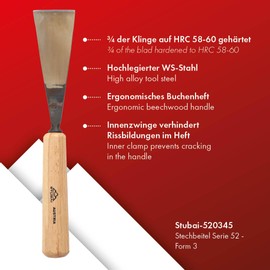 Stubai 520345 Type 3 Wood Carving Chisel with Wooden Handle, Gold/Beige, 45 mm