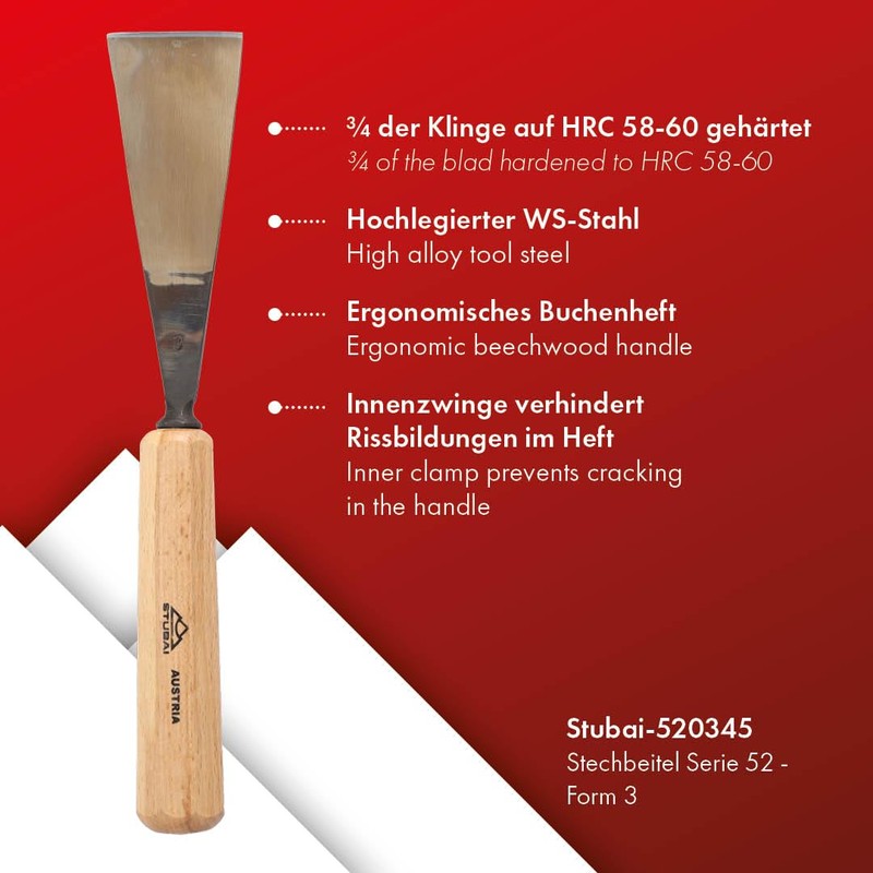 Stubai 520345 Type 3 Wood Carving Chisel with Wooden Handle,