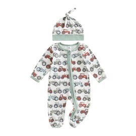 xkwyshop Infant Newborn Baby Boy Fall Outfit Farm Tractor Footed Romper Long Sleeve Zipper Jumpsuit Country Clothes Hat (Multi-Color, Newborn)