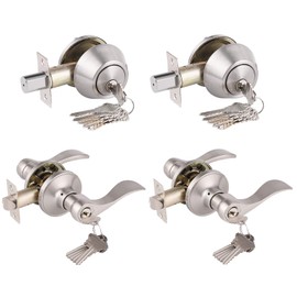 Satin Nickel Keyed-Alike Door Levers and Double Cylinder Deadbolts Combination Sets Locksets,with Same Key,Reversible for Right/Left Handed Doors,2Pack