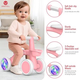 Umatoll Colorful Lighting Baby Balance Bike Toys for 1 Year Old Girl Gifts, Adjustable Seat, First Birthday Gifts, 12-24 Months Toddler Bike, New Pink