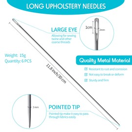 6 agujas de tapicería de 12 pulgadas y 10 pulgadas, agujas de coser a mano largas y rectas para costura de ojos grandes para tapicería del hogar, tapicería, alfombra, cuero, lienzo, reparación, proyectos de manualidades, proyectos (12 pulgadas / 30 cm)