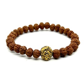 Unleash Inner Strength & Grounding: Handmade 5 Mukhi Rudraksha & Golden Polished Lion Head Bracelet (8mm) - Root Chakra & Universal Sun Sign