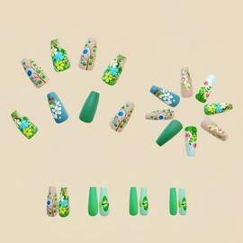 24Pcs Green Press on Nails Medium Square Fake Nails with Designs Reusable Spring Flower False Nails Full Cover Solid Color Acrylic Nails Cute Floral Leaf Glue on Nails for Women Girls Nail Supplies