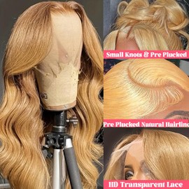 Smavida Glueless Honey Blonde Body Wave Wig Human Hair 28Inch 180% Density 13x4 Blonde HD Transparent Lace Front Wig Human Hair Pre Plucked with Baby Hair Wear and Go 27# Color Wigs Human Hair