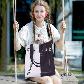 NICOLE & DORIS Women's A4 Handbag Large Canvas Bag Shopping Shoulder Bag Handbag 15 Inch Laptop Bag for School, black / white, Classic