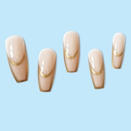 BABALAL Coffin Press on Nails Long French Tip Fake Nails Nude Glossy Glue on Nails 24Pcs Ballerina Gold Acrylic Nails with Design Stick on Nails for Women and Girls