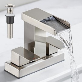 Waterfall Bathroom Faucet for Sink 3 Hole, 4 inch, Brushed Nickel Waterfall Sink Faucets with Pop-up Drain and 2 Supply Hoses, Stainless Steel 2-Handle Centerset Faucet for Sink Vanity, T-6008BN