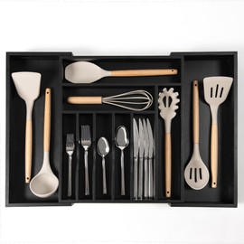 KitchenEdge Premium Silverware, Flatware and Utensil Organizer for Kitchen Drawers, Food-Safe Contract Grade, Expandable from 14.5 to 25 In, Black Bamboo