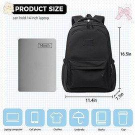 Cute Aesthetic Laptop Backpacks for Women Large College Backpack for Travel Work Preppy Lightweight Waterproof Daypack (Black)