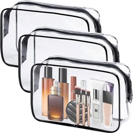 Clear Cosmetics Bag, 3 Pack Clear Makeup Bag Waterproof Quart Size Bag, Travel Makeup Cosmetic Bag for Women, Carry on Airport Airline Compliant Bag (Black)