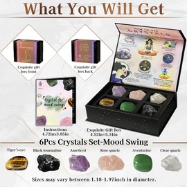 Tirmanaz Crystals and Healing Stones, 6Pcs Healing Crystals, Mood Swing Crystal Set with Guide Book, Chakra Stones Crystals for Healing, Meditation, Yoga, Healing Gifts, Birthday Gifts for Women