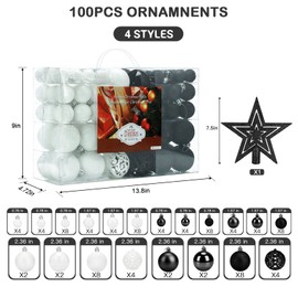 Aitsite Pack of 101 Christmas Tree Baubles Black and White Christmas Baubles 6 cm / 4 cm / 2 cm Plastic Christmas Tree Decoration Wall Hanging Ornaments Christmas Tree Baubles Tinsel Door Decorations