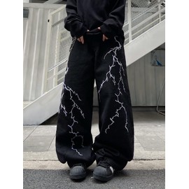 DFGIGT Men's Hip-hop Embroidered Baggy Jeans Loose Fit Denim Black Trousers Distressed Straight Leg Relaxed Fit 2000s Extreme Motion Skater Skateboard Street,B10 Black,Medium