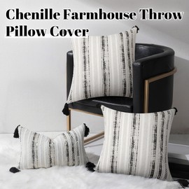 2 Pack Pillow Covers Neutral Pillowcase with Tassels Woven Striped Square Cushion Case for Farmhouse Living Room Home Decor 18x18 White