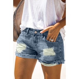 AOISAGULA Women's Denim Shorts Distressed Ripped Hot Pants Frayed Rolled Hem Vintage Short Jeans with Pockets DarkBlue S
