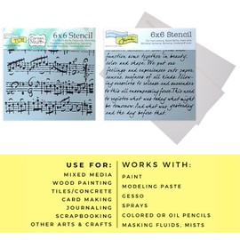 Mixed Media Stencils - Music Note & Script Stencils for Painting on Wood, Canvas, Mixed Media - 6 x 6 Inch Templates Set with Cardstock