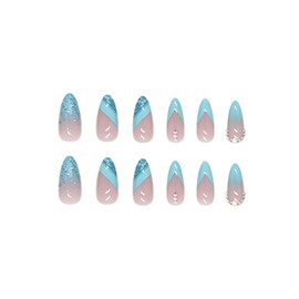 SINHOT Medium Almond Press on Nails French Tip Stiletto Fake Nails Glossy Glue on Nails Blue Gradient Acrylic Nails Glitter Artificial Nails Rhinestones Stick on False Nails with Design 24 pcs