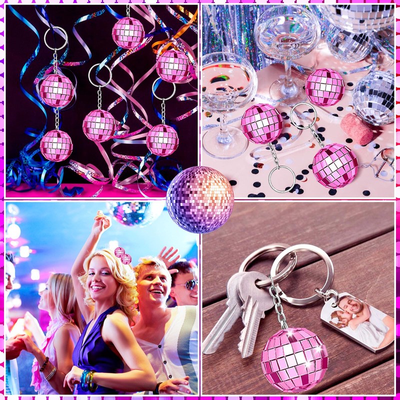 50Pcs Pink Disco Ball Keychain, Mini Small Pink Mirror Disco