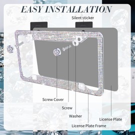 Timtin 2 Pcs Bling License Plate Frame Sparkly Rhinestone Diamond Accessories Stainless Steel Front License Plate Cover with Bling 4 Crystal Tire Valve Caps 1 Start Ring Sticker(Colorful)