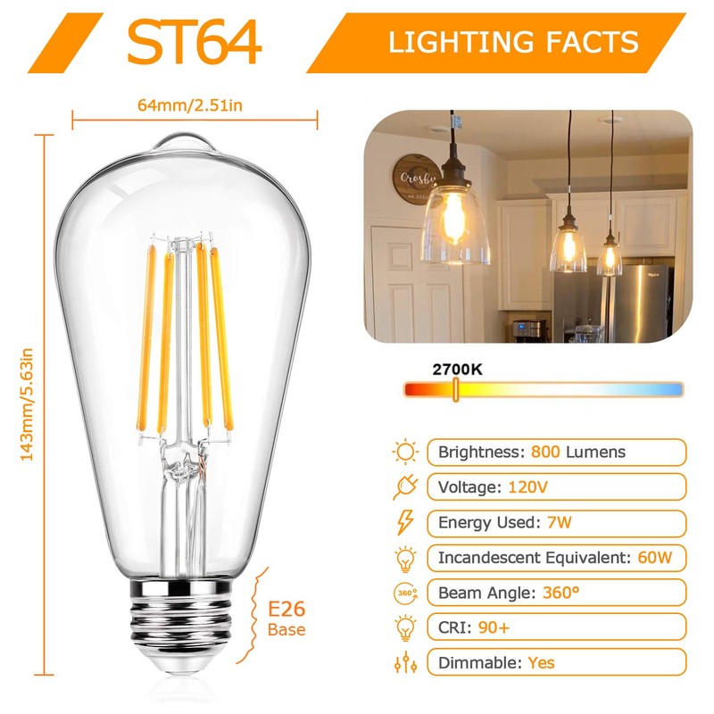 12Packs ST64 Large Vintage LED Edison Bulbs, 60W Equivalent 7W,
