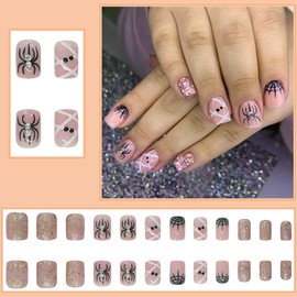 Spider Press on Nails Short Square Fake Nails with Spider Nail Rhinestones and Spider Web Glitter Design, Full Cover Cute Spider False Nails Autumn Acrylic Reusable Nails Artificial Stick on Nails