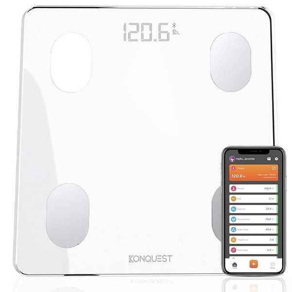 Konquest Premium Smart Digital Bathroom Scale, Wireless Bluetooth, BMI, Body Weight, Body Fat, Body Composition Analyzer with Smartphone App (400 lbs) - Arctic White