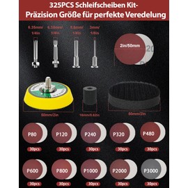 325 pieces 50 mm Velcro sandpaper set, sanding discs for Dremel sanding attachments, cordless screwdriver grinding attachment, grain size 80-3000 for headlight preparation, polishing, car, metal, wood